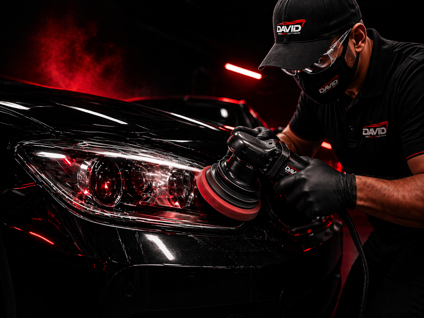 Specialist David Special lustruind un far auto într-un studio premium